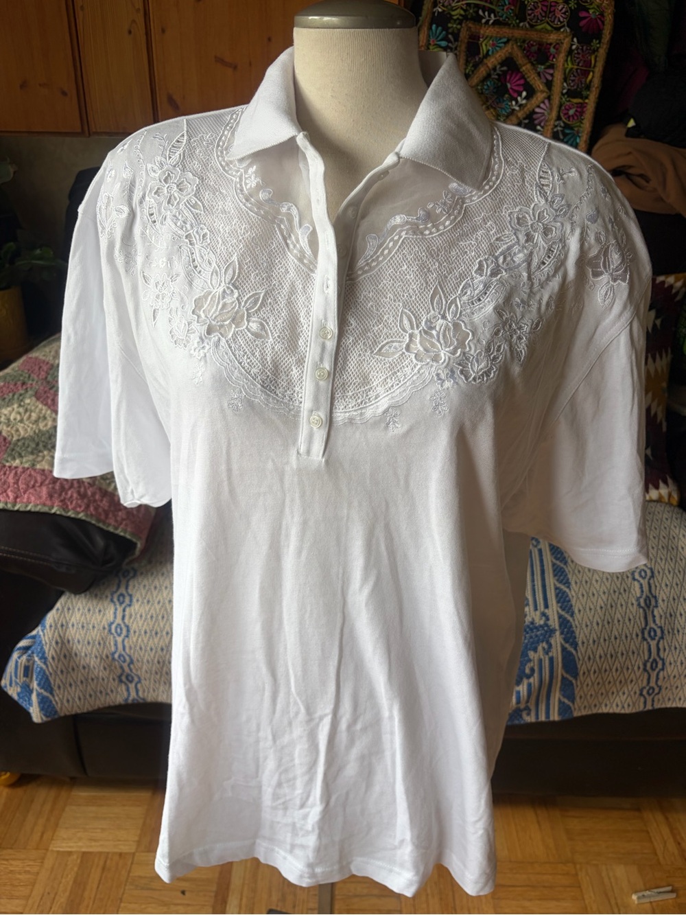 Vintage TOGETHER 80's 90's Women's White Floral Lace Embroidered Cotton Polo Top